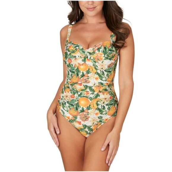 Niptuck Swim Green Orange Floral Sunflower Green One Piece Swimsuit Women's 8 - Picture 1 of 8